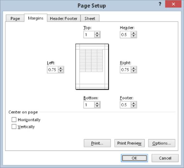Screenshot of Page Setup dialog box presenting Margins tab settings for Left, Top, Header, Right, Bottom, and Footer with a page preview in the middle.