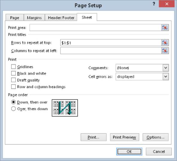 Screenshot of Page Setup dialog box presenting Sheet tab options. Rows to repeat at top field is set to $1:$1 and Page order set to Down, then over.
