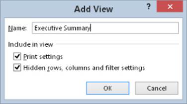 Screenshot of Add View dialog box with Executive Summary inputted in the Name field. Boxes for Print settings and Hidden rows, columns, and filter settings under Include in view command are selected.