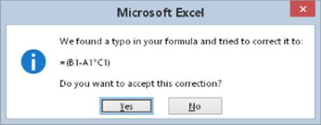 A Microsoft Excel prompt presenting proposed correction informing to correct the formula to = (B1-A1*C1) with the Yes button highlighted.