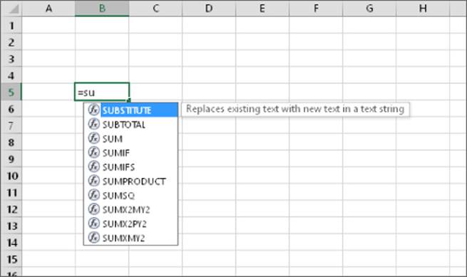 Worksheet presenting an autocomplete drop-down list of formulas in the active cell B5. A tooltip displays the function of selected formula.