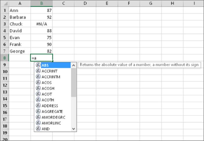 Worksheet with active cell B8. =a is entered and a drop-down list of related formulas that starts with a is displayed.
