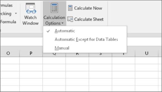 Calculation panel presenting the Calculation Options drop-down with Automatic, Automatic Except for Data Tables, and Manual options. Automatic is selected.