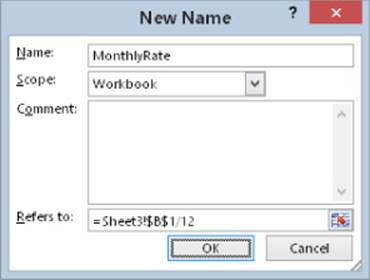 New Name dialog presenting the Name field set to MonthlyRate, Scope drop-down to Workbook, and Refers To field to =Sheet3!$B$1/12.