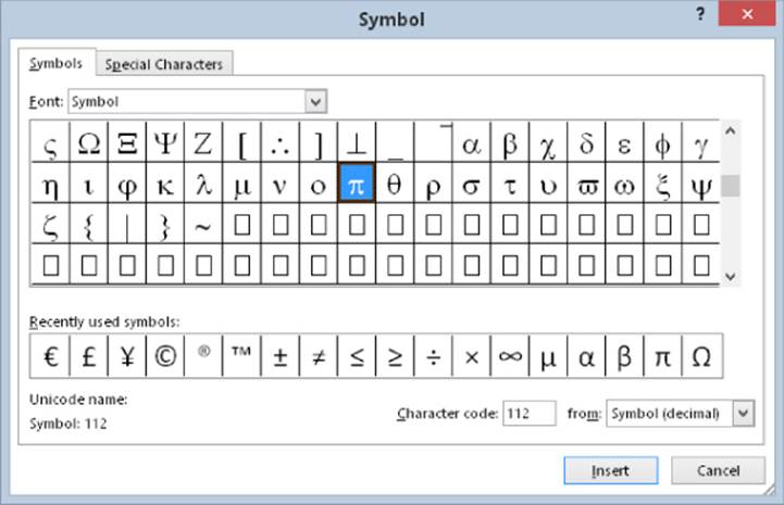 Symbol dialog box presenting the Symbols tab with a selected symbol, pi .