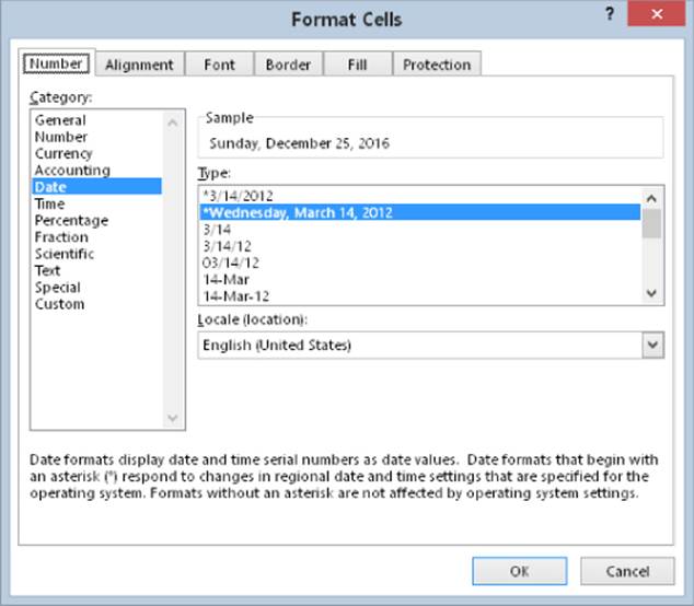 Number tab of Format Cells dialog box presenting the selected Date category (left pane) and a highlighted *Wednesday, March 14, 2012 option in the Type menu (right pane).