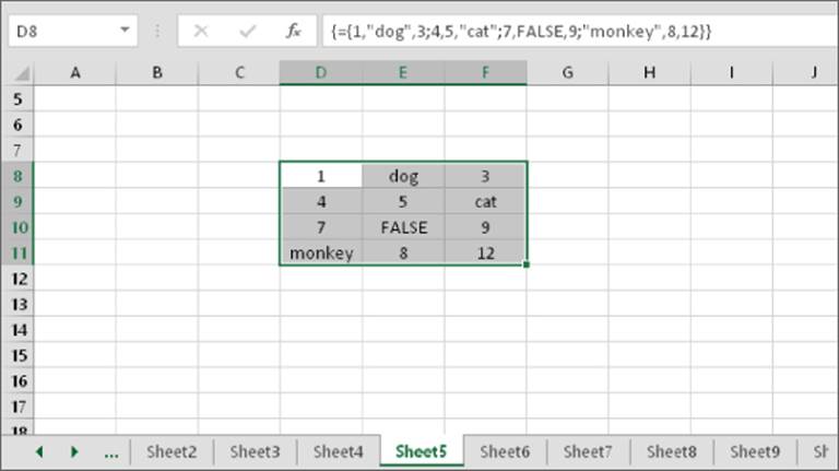 Worksheet displaying an array constant on Sheet5 with input data namely 1, dog, and 3 (D8:F8); 4, 5, and cat (D9:F9); 7, False, and 9 (D10:F10); monkey, 8, and 12 (D11:F11), respectively.