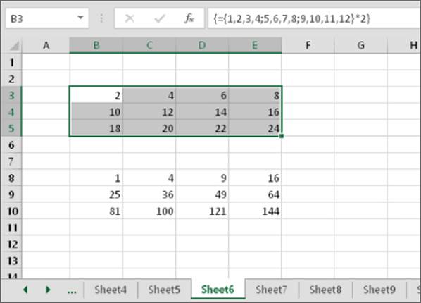 Sheet6 worksheet with four columns from cells B3:E5 displaying an array formula with each array element multiplied by 2.