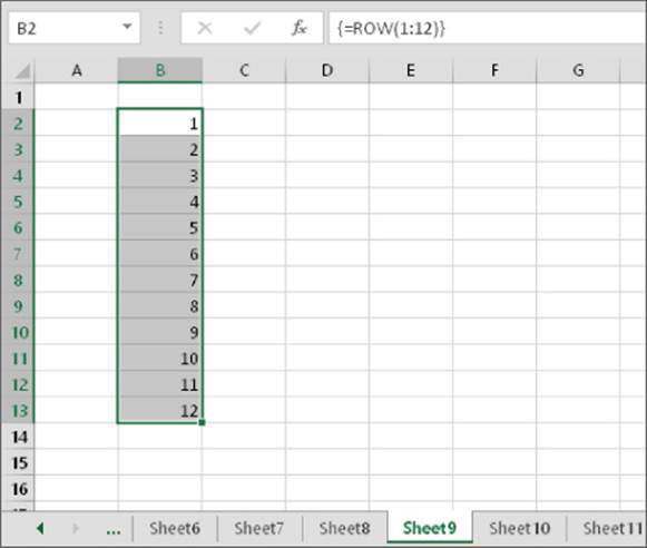 Sheet9 worksheet with a single column of data selected from cells B2:B13.
