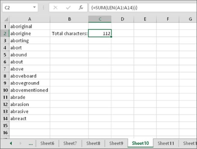 Cropped image of worksheet presenting the calculation for counting the total number of characters in a range, with column A as the range listing 14 words and cell C2 with value 112 and formula {=SUM(LEN(A1lA14))}.
