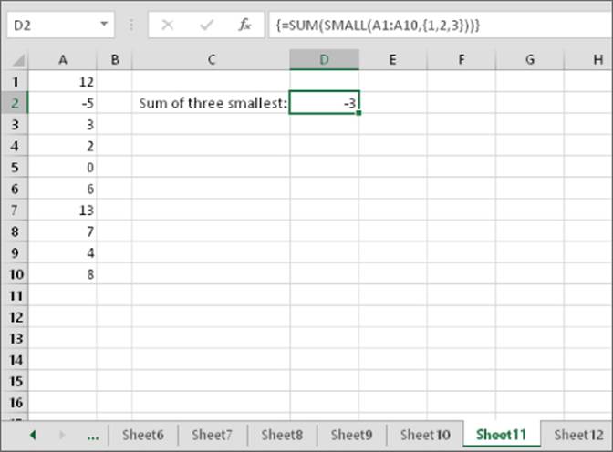 Cropped image of worksheet presenting the sum of three smallest values using SUM function, with column A listing (-5, 0, 2) the smallest values and cell D2 with value -3 and formula {=SUM(SMALL(A1:A10,{1,2,3}))}.