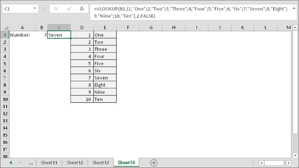 Cropped image of worksheet that uses a lookup table to display a word that corresponds to an integer, with cell A1 labeled Number:, B1 with 7 (integer), C1 with Seven (display), and columns D and E as the lookup table.
