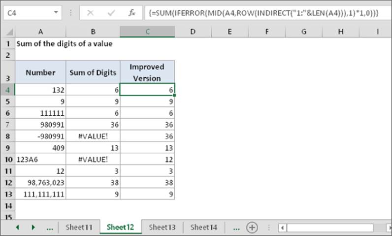 Worksheet computing the sum of the digits in an integer (Number) using 2 versions: using the ROW, MID, and INDIRECT functions (Sum of Digits) and adding the IFERROR function to the first version (Improved Version).