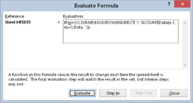 Evaluate Formula dialog box displaying reference cell (left), evaluation with field box (right), and additional information including Evaluate, Step In, Step out (grayed out), and Close buttons (bottom. 
