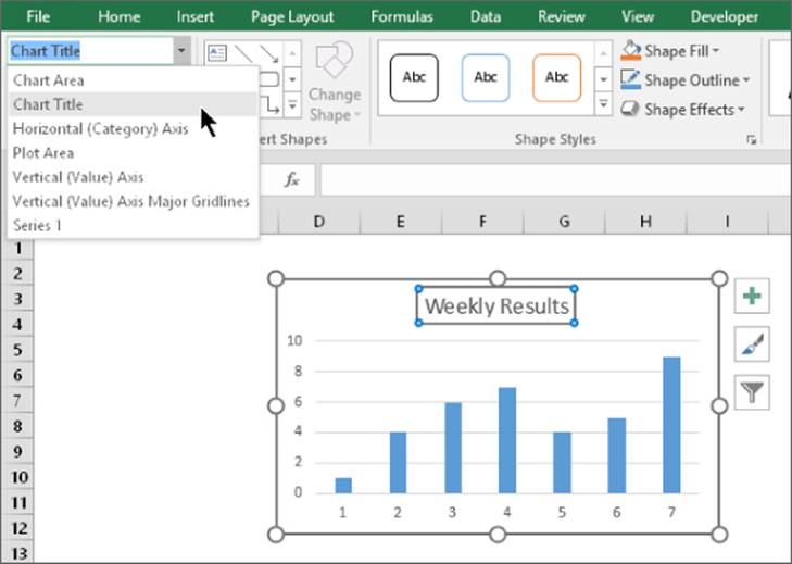 Cropped image of Microsoft Excel 2016 window displaying the Chart Elements control (upper left corner) as a drop-down list of chart elements with Chart Title element selected and a bar chart titled Weekly Results.