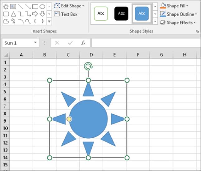 Snipped image of a worksheet presenting a sun shape and Sun 1 in the name field.