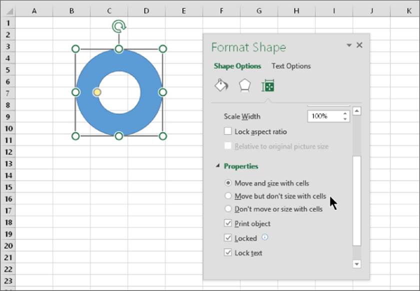 A worksheet presenting a donutlike shape with Format Shape task pane for shape options and properties at the right side