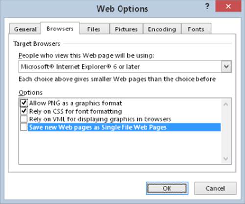 Web Options dialog box presenting the Browsers tab with marked checked boxes: Allow PNG as a graphics format and Rely on CSS for font formatting. Save new Web Pages as Single File Web Pages option is highlighted.