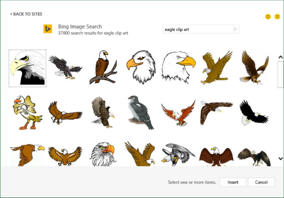 Insert Pictures window displaying Bing Image Search results for eagle clip art. The first clip art is selected. Insert and Cancel buttons are at the bottom right.