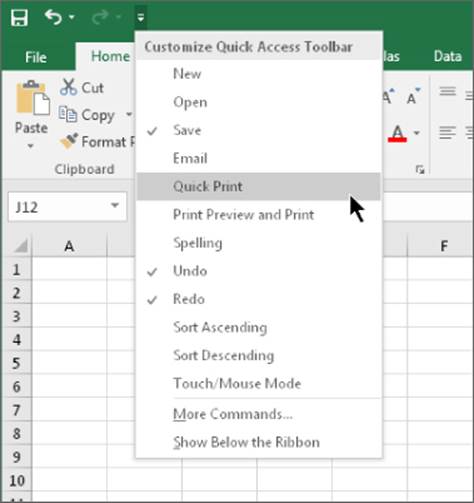 Snipped image of Quick Access toolbar drop-down list presenting commands that can be added to the Quick Access toolbar.