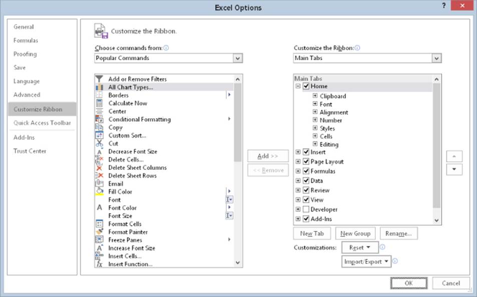 Excel Options dialog box presenting Customize Ribbon tab with Choose commands from drop-down list and Customize the Ribbon drop-down list.