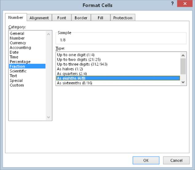 Screenshot of Format Cells dialog box presenting the Number tab with Fraction category selected (left) and As eighths (4/8) type highlighted (right).