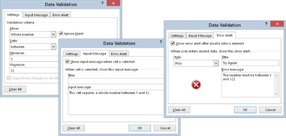 Data Validation dialog box presenting Settings tab, Input Message tab, and Error Alert tab.
