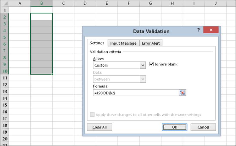Worksheet displaying the selected B2:B10 with popped-up Data Validation dialog box presenting Settings tab with Custom option from the Allow drop-down list and =ISODD(B2) inputted into the Formula field.