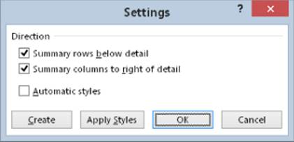 Settings dialog box with 3 checkboxes for Direction—Summary rows below detail, Summary columns to right of detail, and Automatic Styles. The first two options are selected.