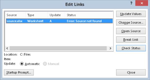 Edit links dialog box presenting five edit buttons: Update Values, Change Source, Open Source, Break Link, and Check Status.