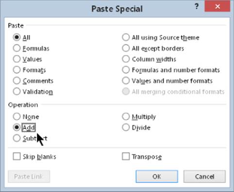 Paste Special dialog box presenting the selected All paste option and Add operation option.