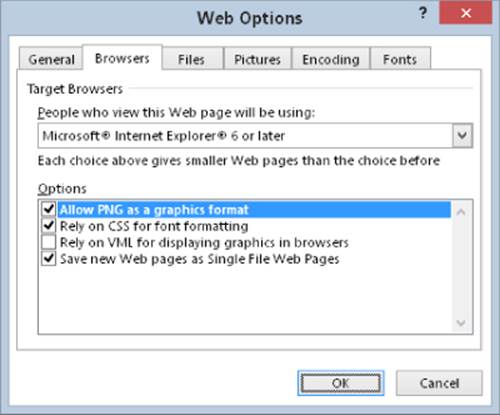 Web Options dialog box presenting Browsers tab with checked boxes for options Allow PNG as a graphics format, Rely on CSS for font formatting, and Save new Web pages as Single File Web Pages.