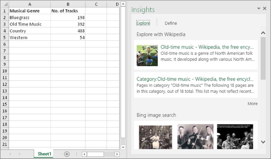 Sheet1 worksheet with two columns—Musical Genre and No. of Tracks—and Insights task pane presenting Explore tab with Wikipedia results and Bing image search results for Old-time music.