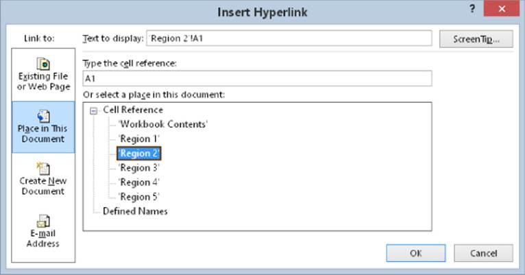 Insert Hyperlink dialog box presenting the selected Place in This Document icon in the Link to column with Region 2 in Cell Reference.