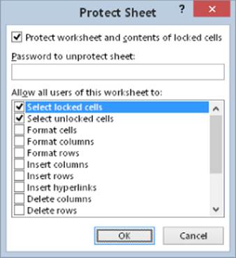 Protect Sheet dialog box presenting the default options: Protect worksheet and contents of locked cells and Allow all users of this worksheet to Select locked cells and Select unlocked cells.