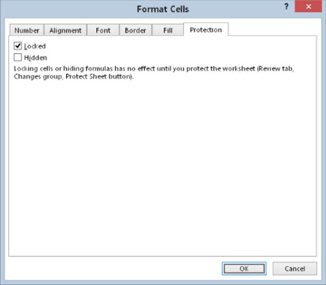 Format Cells dialog box presenting Protection tab with the selected Locked checkbox.