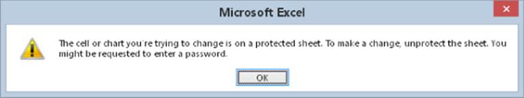 Microsoft Excel dialog box presenting a warning message that the cell or chart is on a protected sheet with a suggestion to unprotect a sheet that might ask for a password.