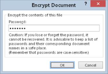 Encrypt Document dialog box presenting a password field to encrypt the contents of the file followed by a Caution, if users forget the password, it cannot be recovered. OK and Cancel buttons are at the bottom.