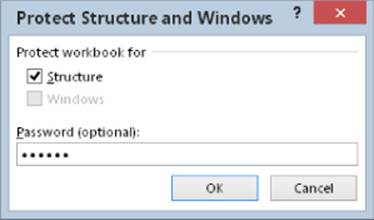 Protect Structure and Windows dialog box presenting the selected Structure checkbox in Protect workbook for category with the password.