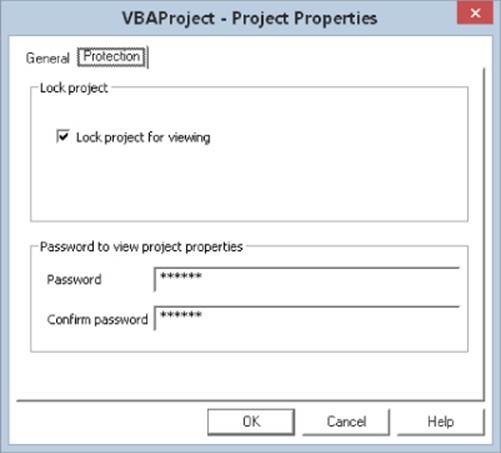 VBAProject – Project Properties dialog box presenting Protection tab with the selected Lock project for viewing checkbox and a password entered twice.