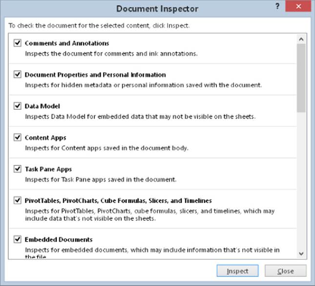 Document Inspector dialog box with 6 selected checkboxes to be inspected and Inspect and Close buttons at the bottom.