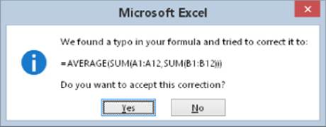 Microsoft Excel dialog box displaying a message with a proposed formula: = AVERAGE(SUM(A1:A12,SUM(B1:B12))). YES and NO buttons are at the bottom.