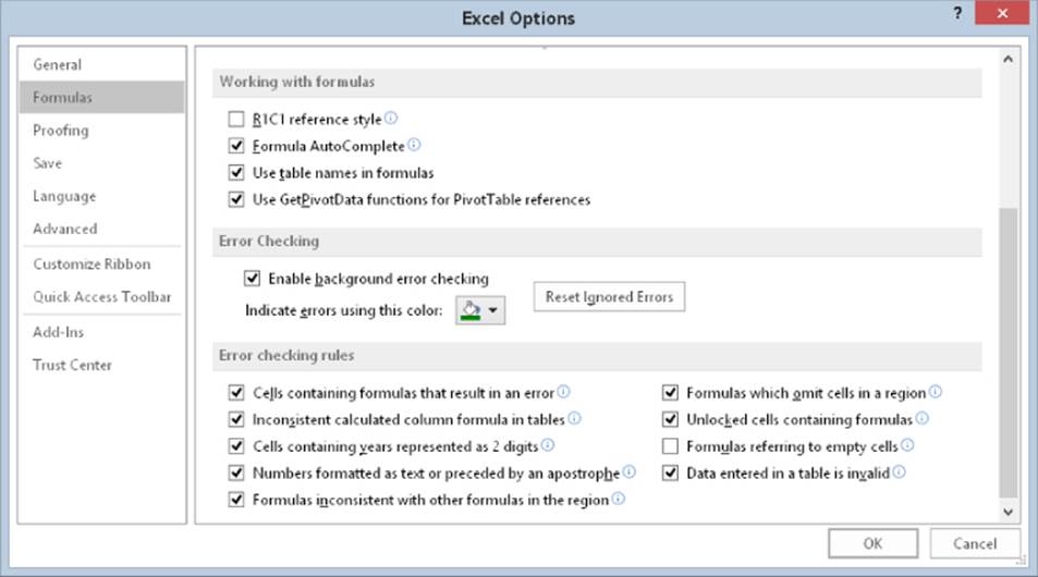 Excel Options dialog box with selected Formulas tab. The tab displays several checked boxes under Working with Formulas, Error Checking, and Error Checking rules.