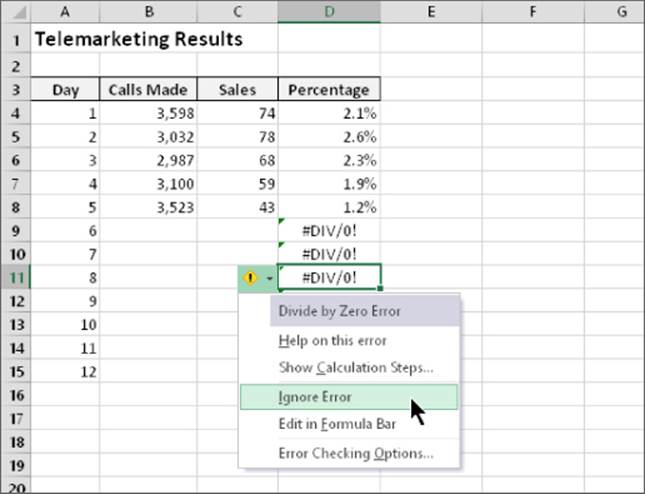 Drop-down control listing Divide by Zero Error, Help on this error, Show Calculation Steps, Ignore Error, Edit in Formula Bar, and Error Checking Options.
