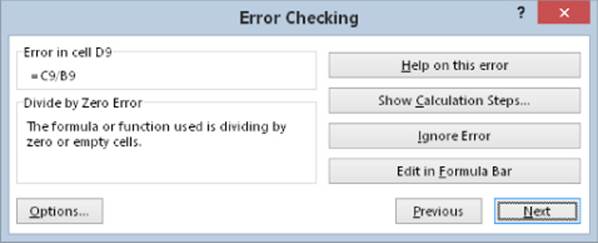 Error Checking dialog box presenting error in cell D9 and the function of Divide by Zero Error control with buttons for Help on this error, Show Calculation Steps, Ignore Error, and Edit in Formula Bar.