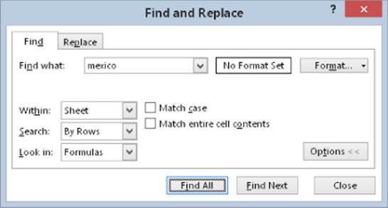 Find tab of Find and Replace dialog box presenting inputs mexico on Find What field, Sheet on Within field, By Rows on Search field, Formulas on Look In field. Find All button is highlighted below.