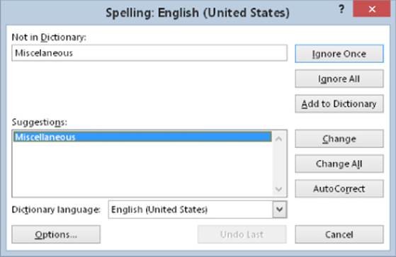 Spelling dialog box presenting input Miscelaneous on the Not In Dictionary field and Miscellaneous on the Suggestions section. Dictionary Language is set to English (United States).