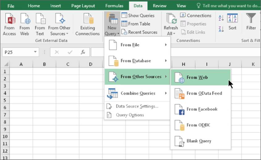 Drop-down menu of From Other Sources option under New Query drop-down in the Data tab on the Ribbon of Excel 2016. Cursor points the From Web option.
