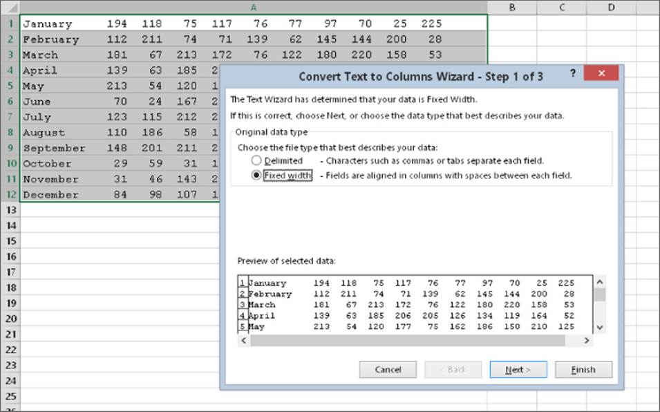 Convert Text to Columns Wizard dialog box over a worksheet. Radio button for Fixed Width under Original Data Type is selected. A preview of the selected data is located below.