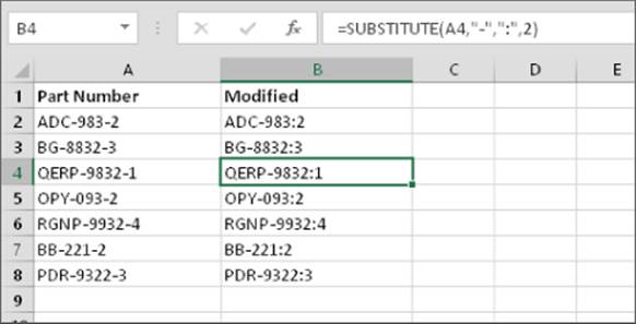 Worksheet with column A listing part numbers with hyphens and column B listing modified numbers with colons replacing the second hyphens in each number. 